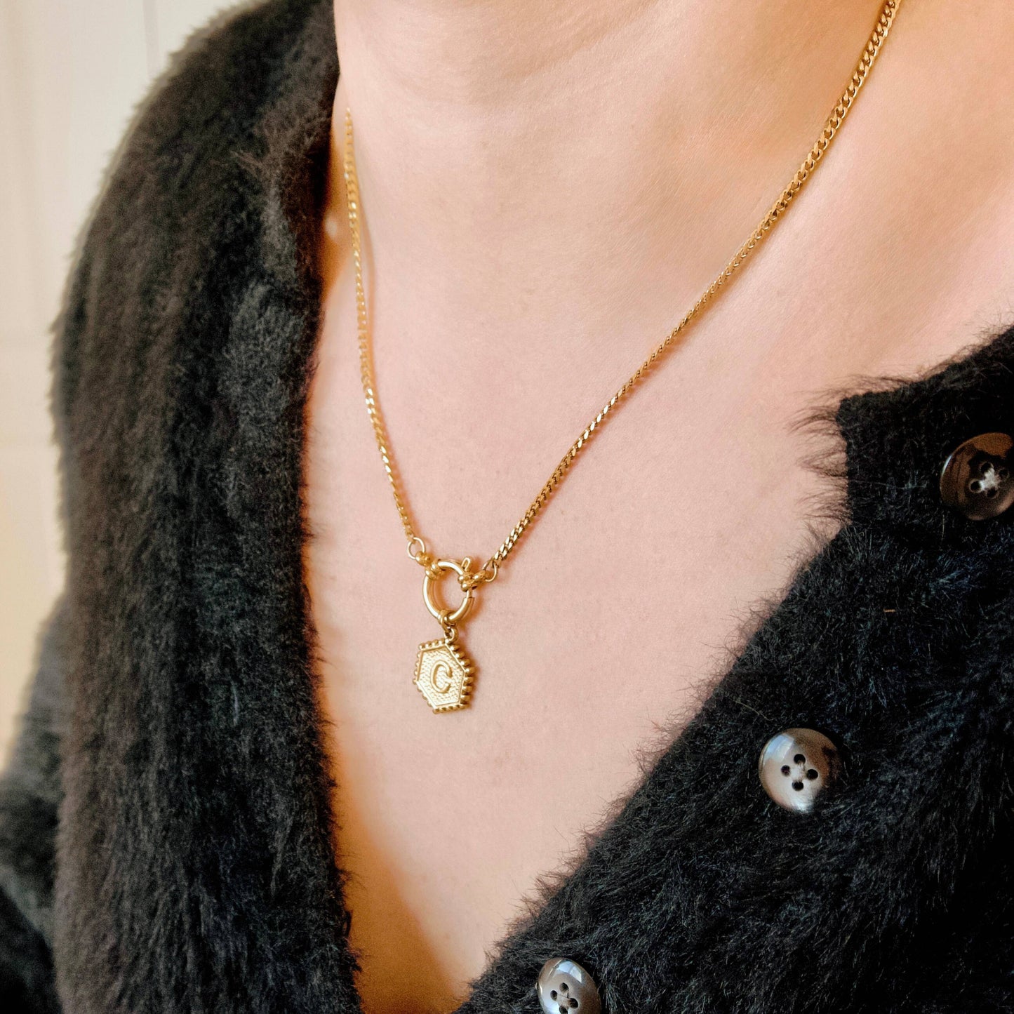Hexagon Initial Necklace - Stainless Steel & Natural Pearl