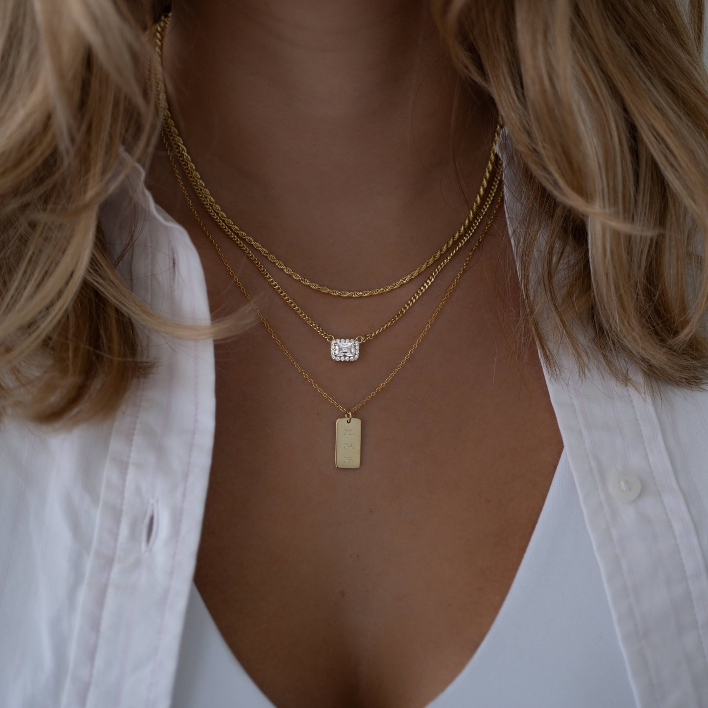 Halo Emerald Cut Necklace on Cuban Chain