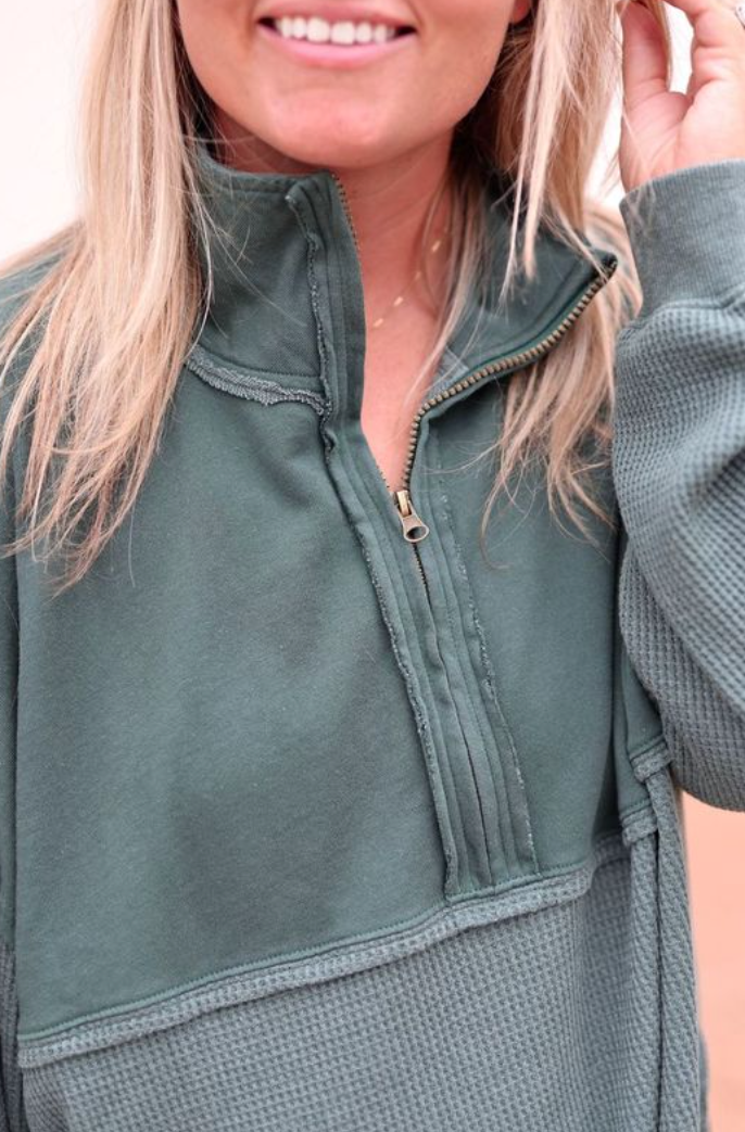 Ready or Not Waffle Quarter Zip- Emerald