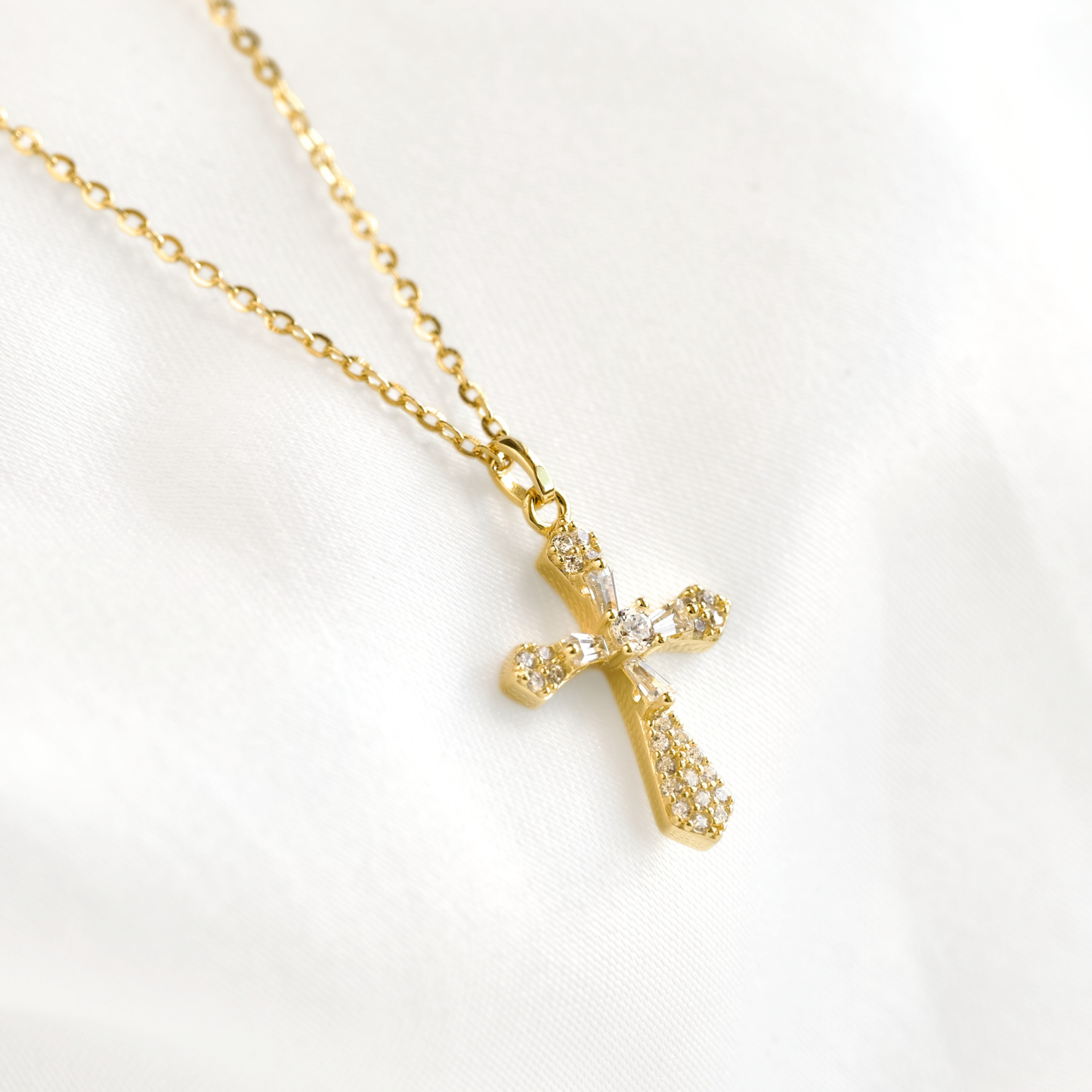 Mixed Cut CZ Ornate Cross Necklace - 925 Sterling Silver