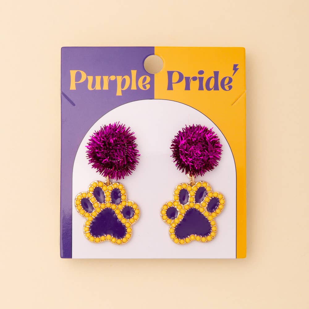 Game Day Dog Paw Dangle Earrings with Pom and Rhinestone