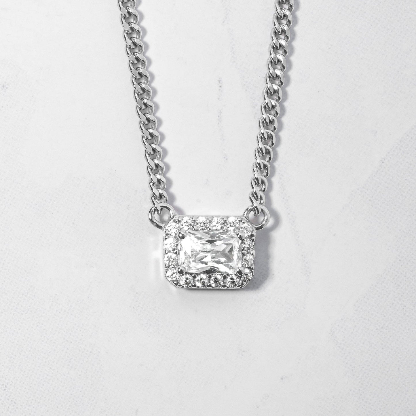 Halo Emerald Cut Necklace on Cuban Chain