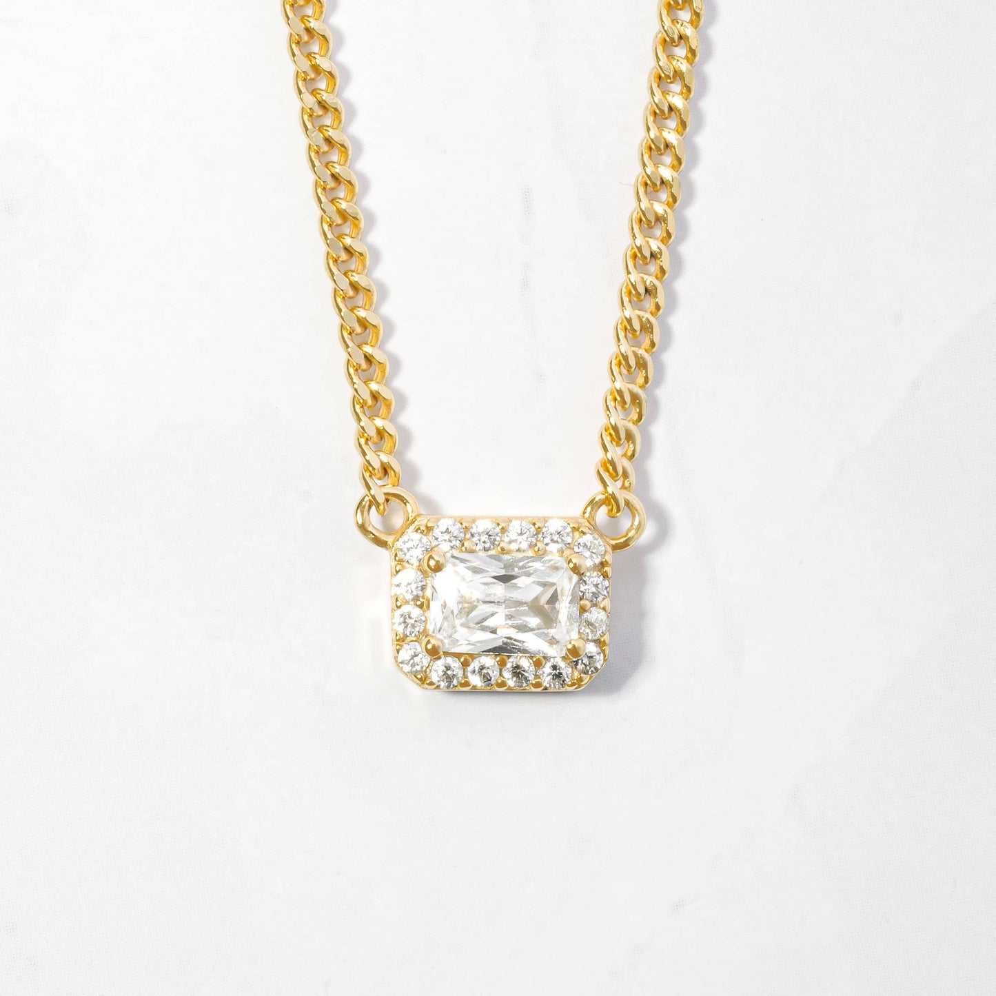 Halo Emerald Cut Necklace on Cuban Chain