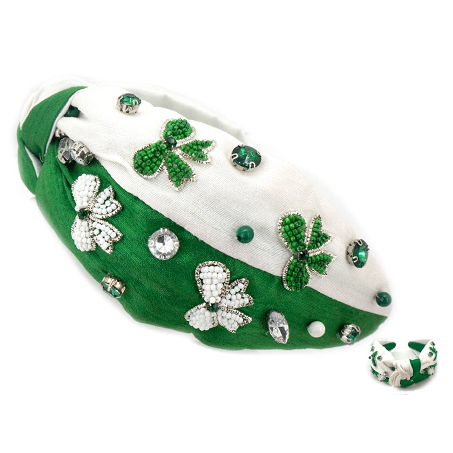 Game Day Bow Crystal Seed Beaded Top Knotted Fabric Headband