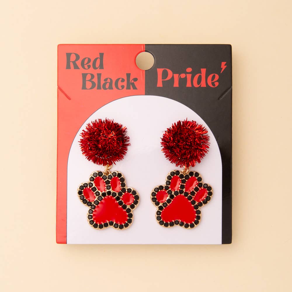 Game Day Dog Paw Dangle Earrings with Pom and Rhinestone