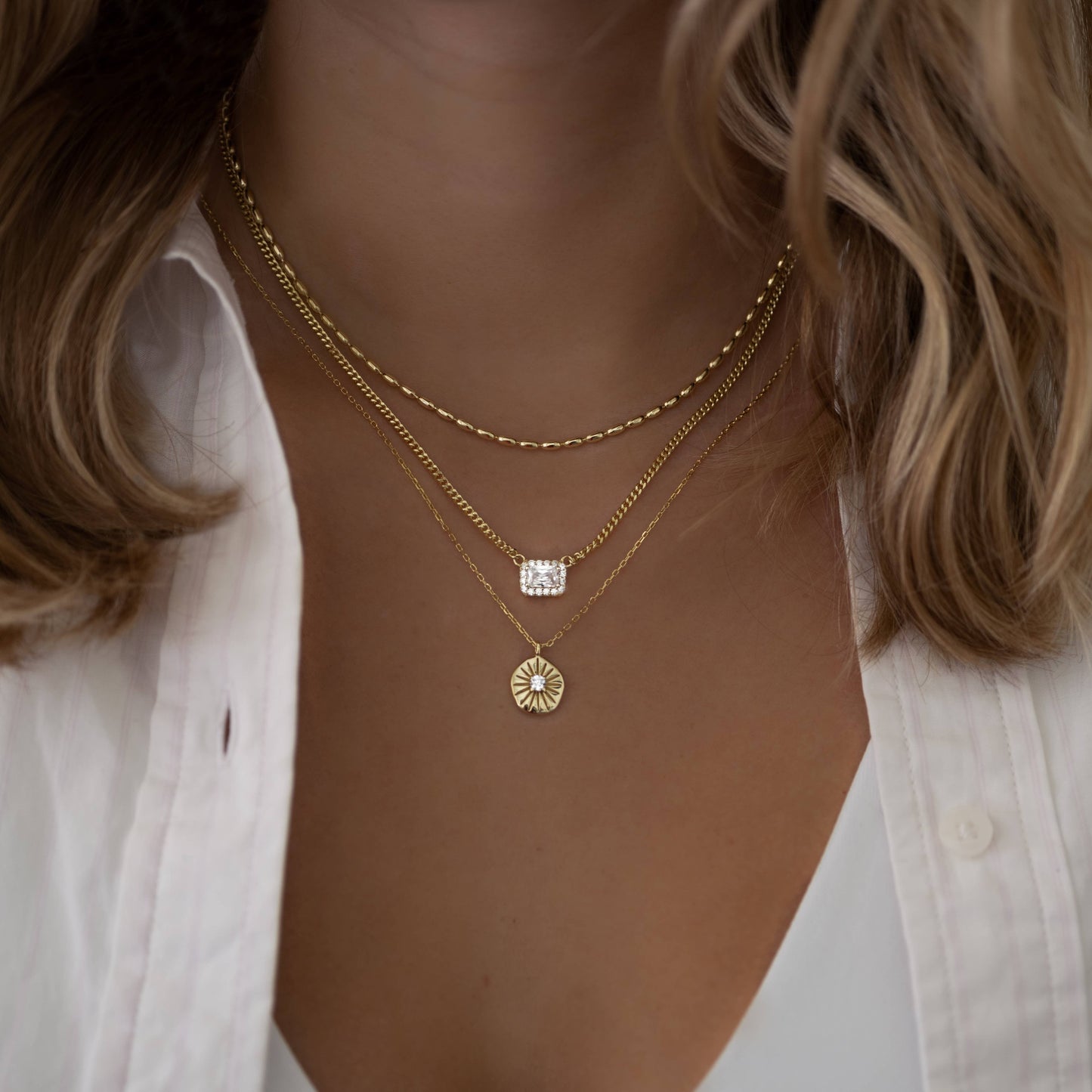 Halo Emerald Cut Necklace on Cuban Chain