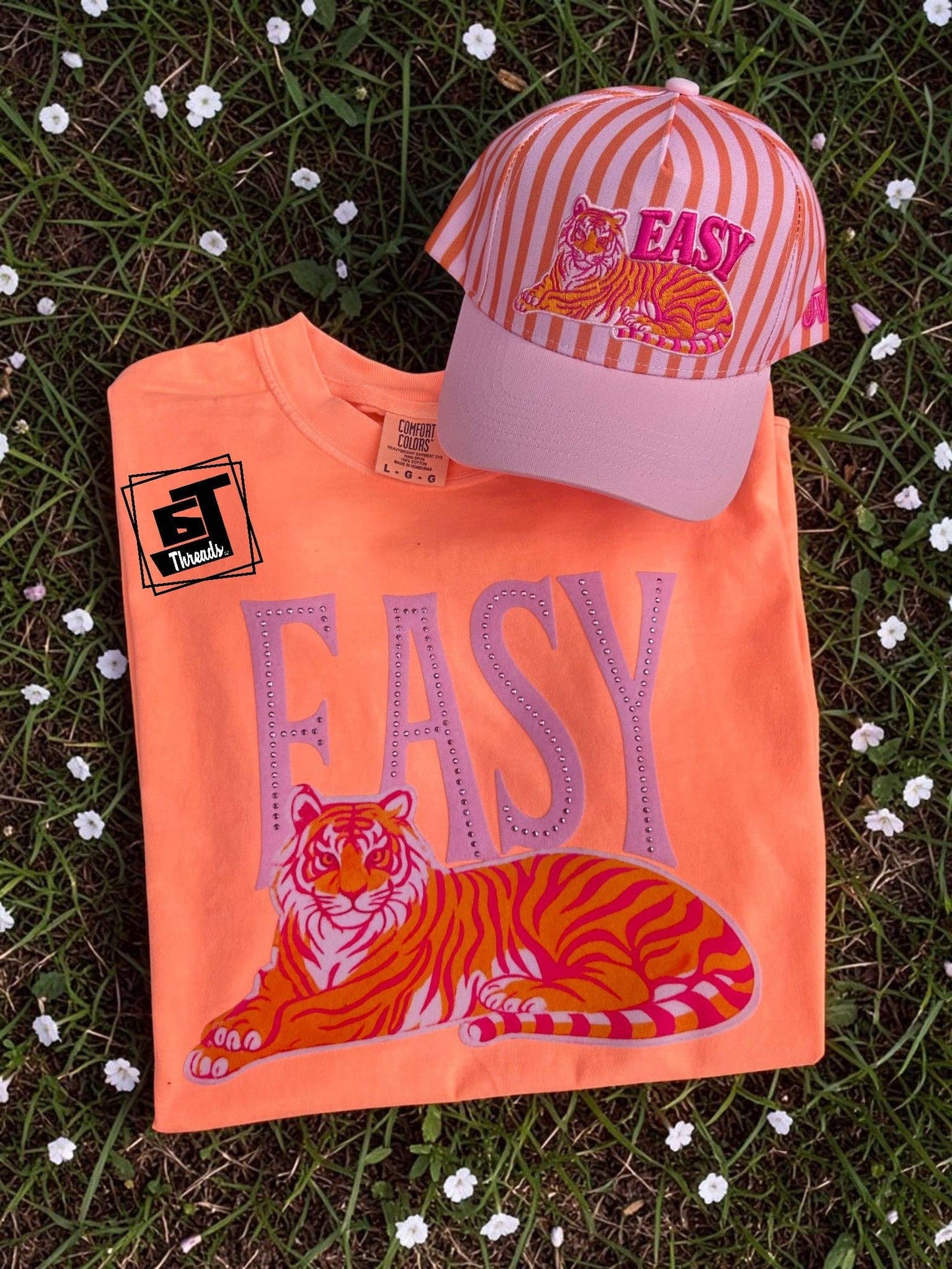 Fabric Pink and Orange Easy Tiger with Diamond Detail Patch T-Shirt