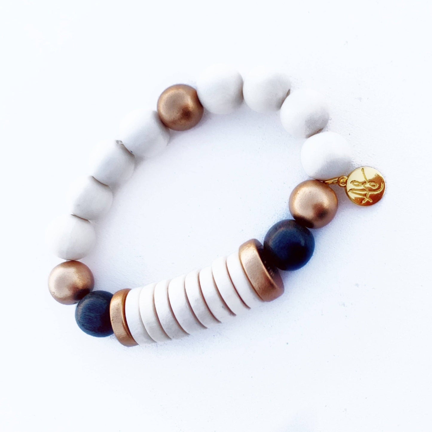 White Gold Disk Black Neutral Stacking Bracelet
