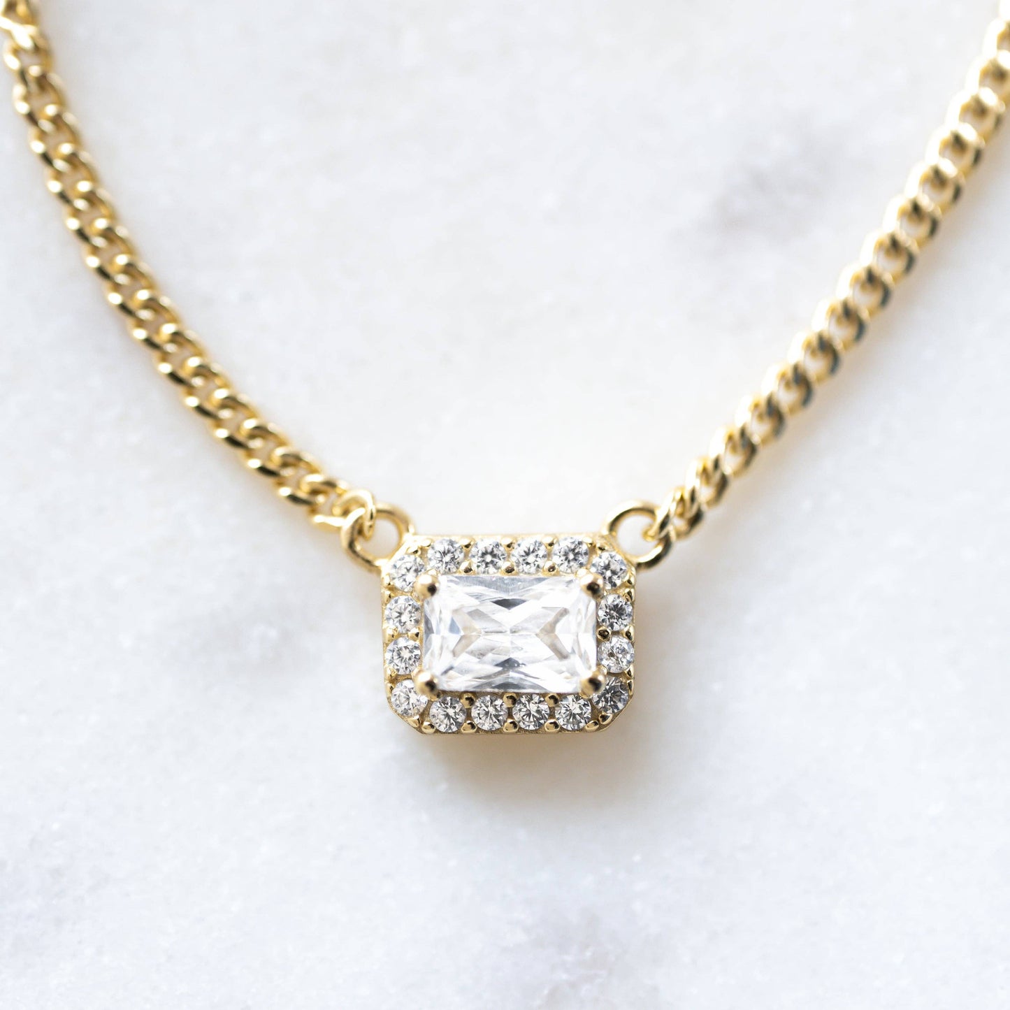 Halo Emerald Cut Necklace on Cuban Chain