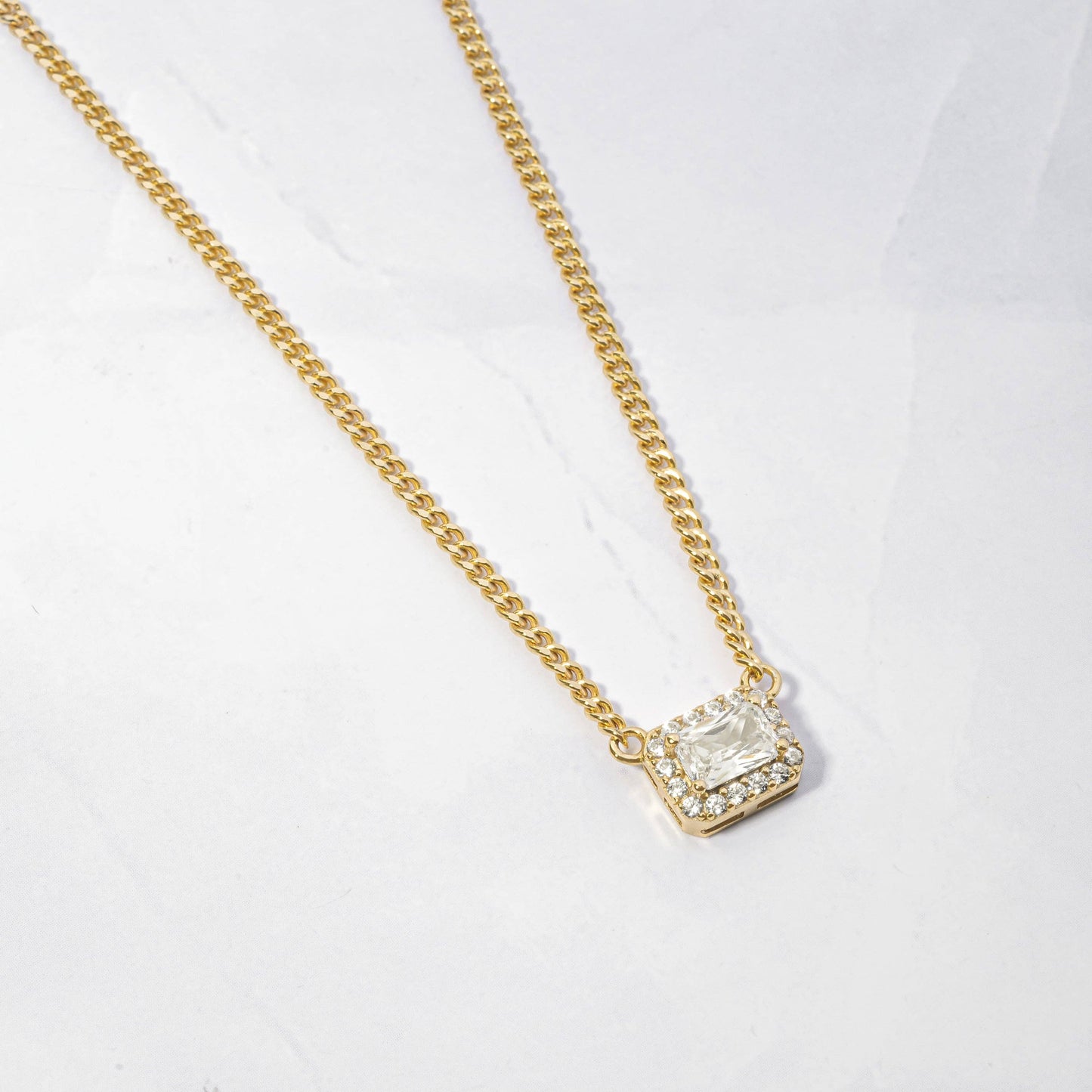 Halo Emerald Cut Necklace on Cuban Chain