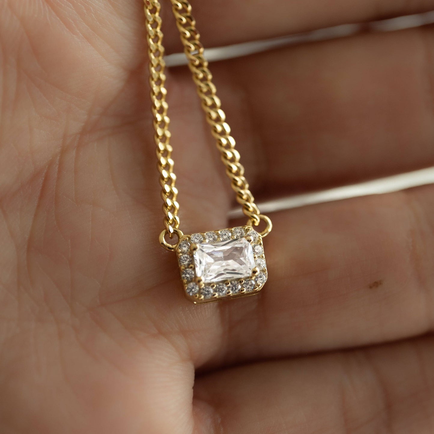 Halo Emerald Cut Necklace on Cuban Chain