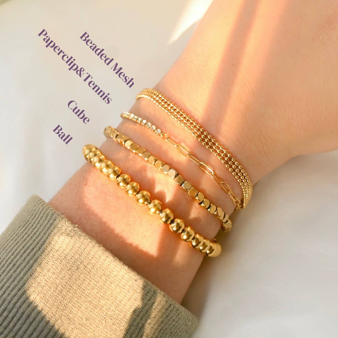 18k Gold Bracelets - Gold Beaded, Paperclip, Tennis Bracelet