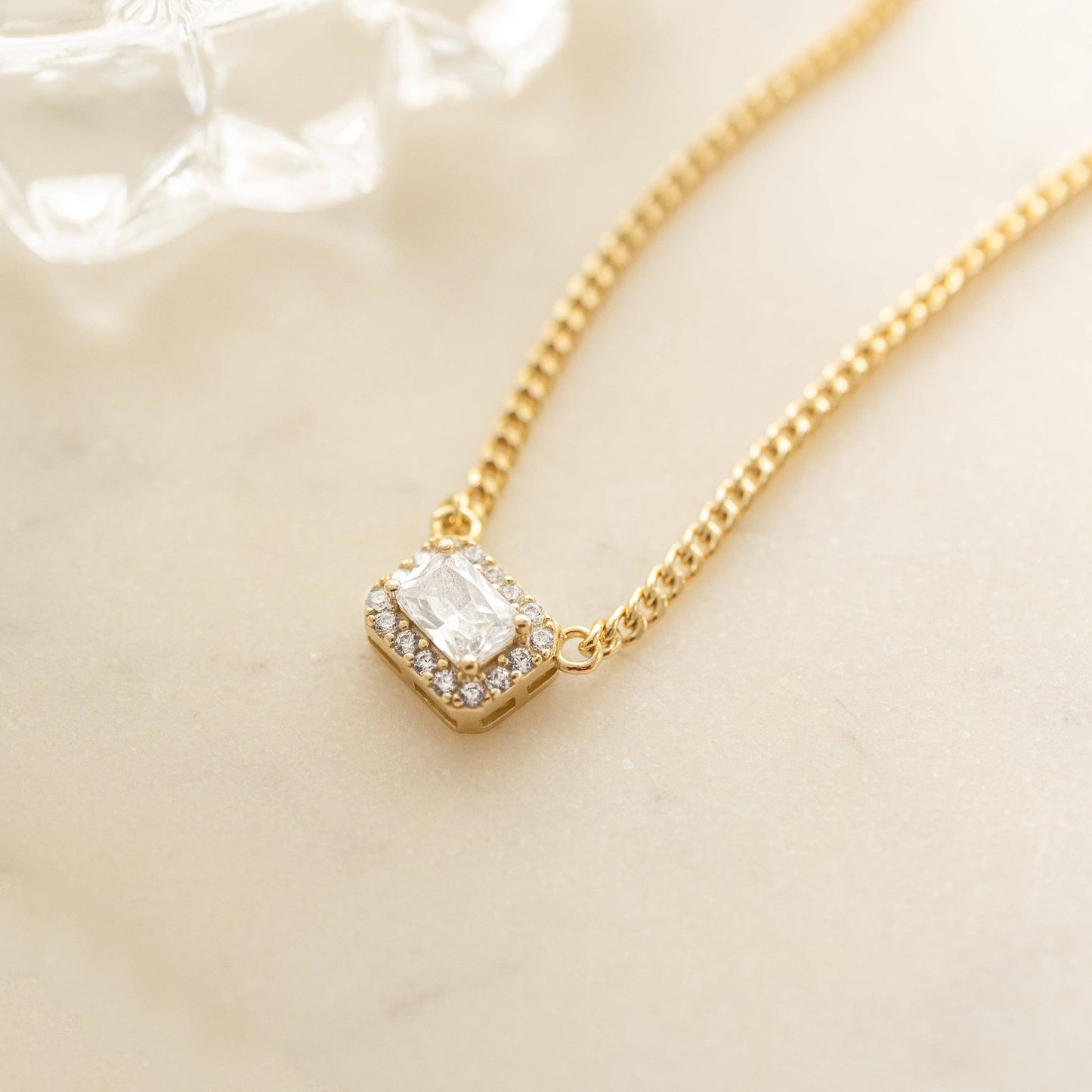 Halo Emerald Cut Necklace on Cuban Chain