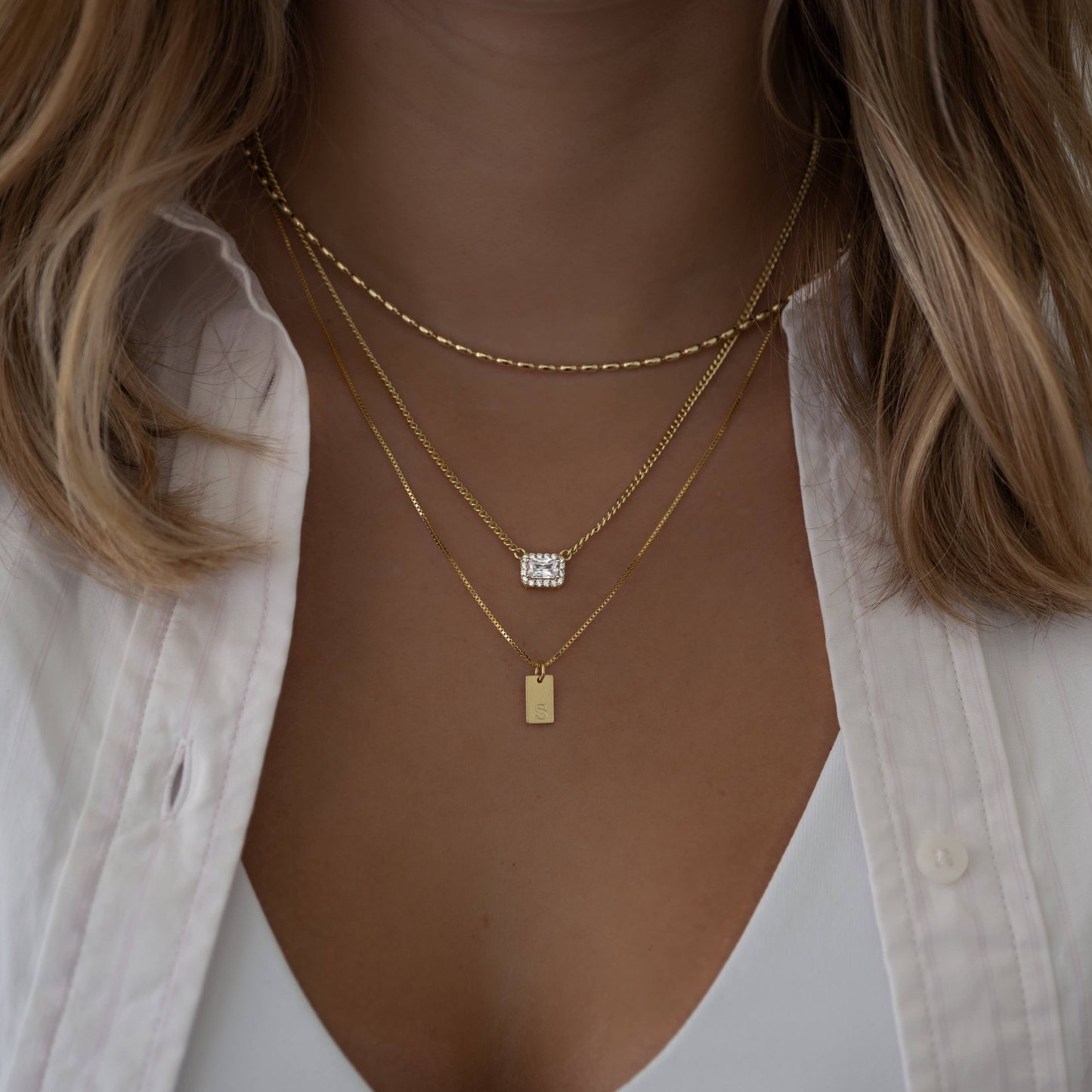 Halo Emerald Cut Necklace on Cuban Chain