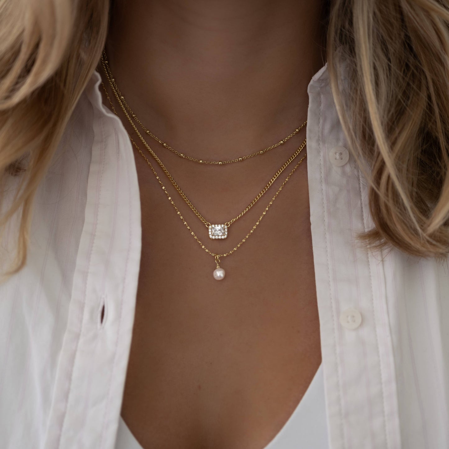 Halo Emerald Cut Necklace on Cuban Chain
