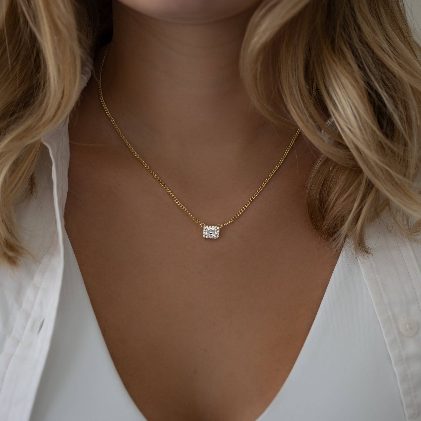 Halo Emerald Cut Necklace on Cuban Chain