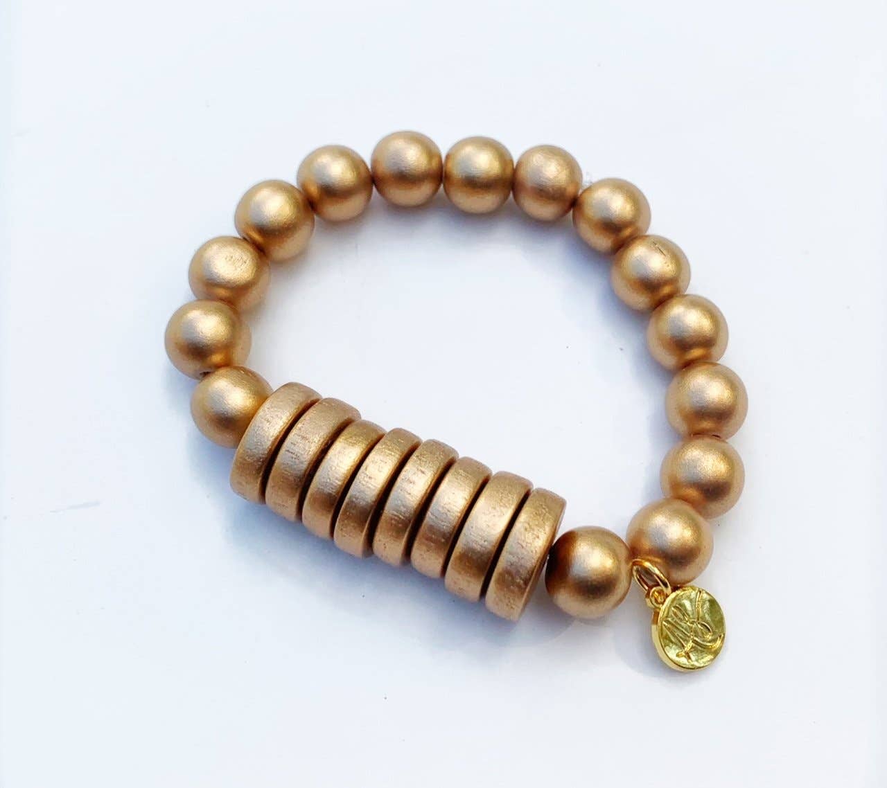 Gold Wood Bead Gold Disk Stacking Bracelet