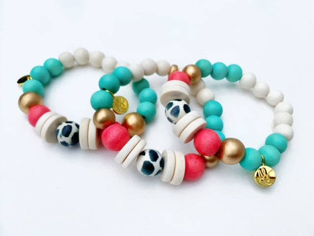 Aqua Coral Black White Cream Wood Beaded Bracelet