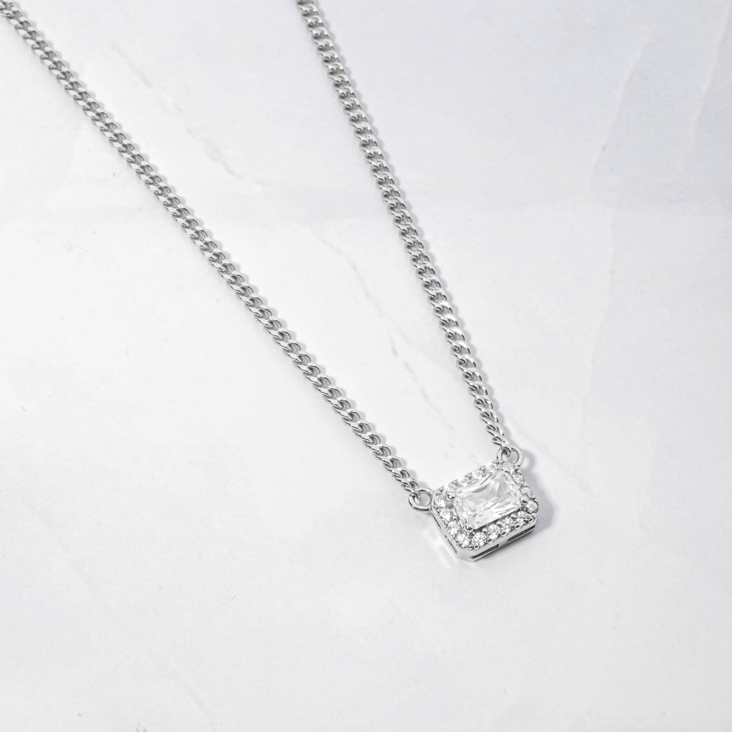 Halo Emerald Cut Necklace on Cuban Chain