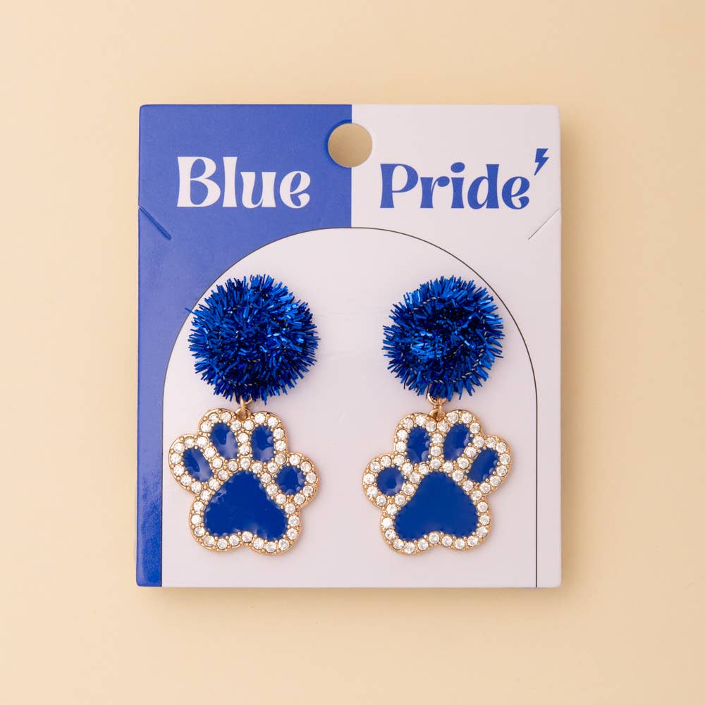 Game Day Dog Paw Dangle Earrings with Pom and Rhinestone