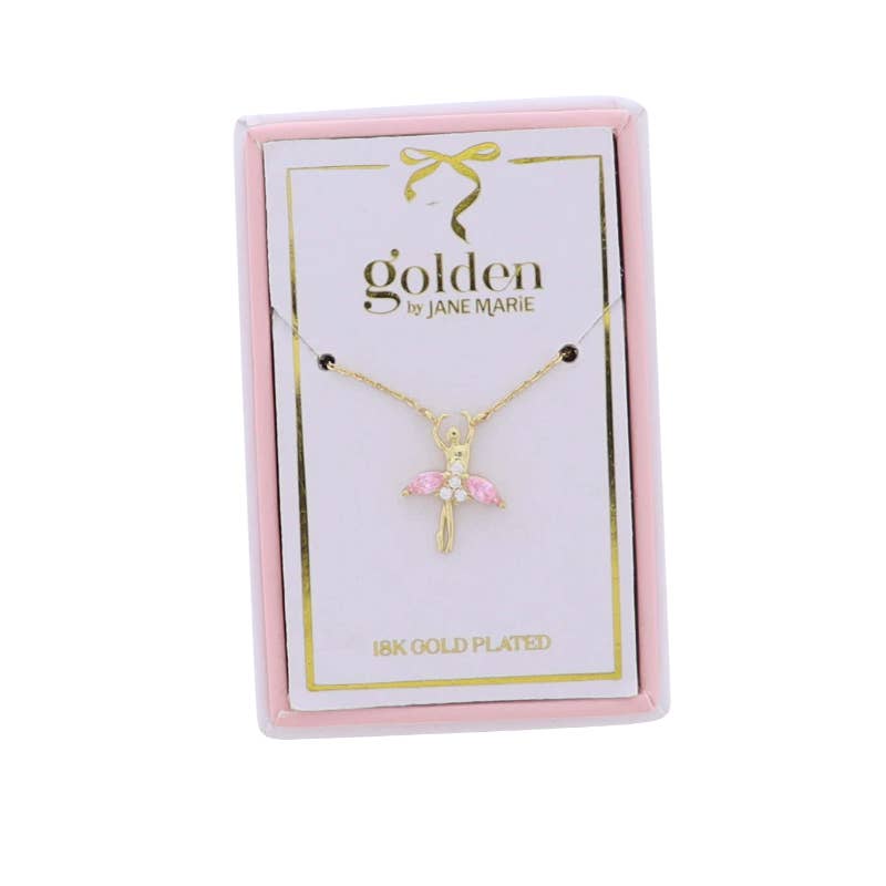 Kids 18K Gold Plated Necklace with Pink Crystal Ballerina