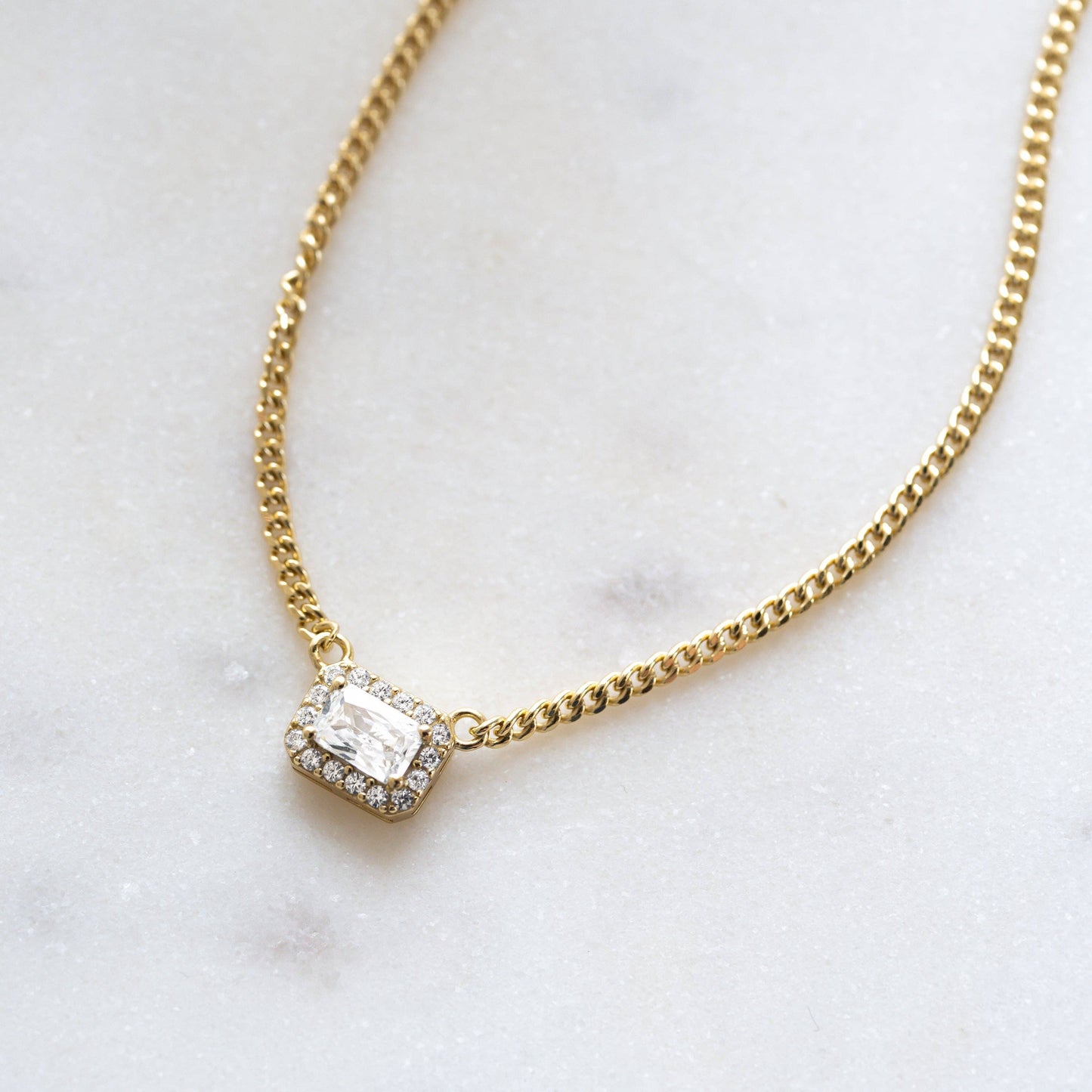 Halo Emerald Cut Necklace on Cuban Chain