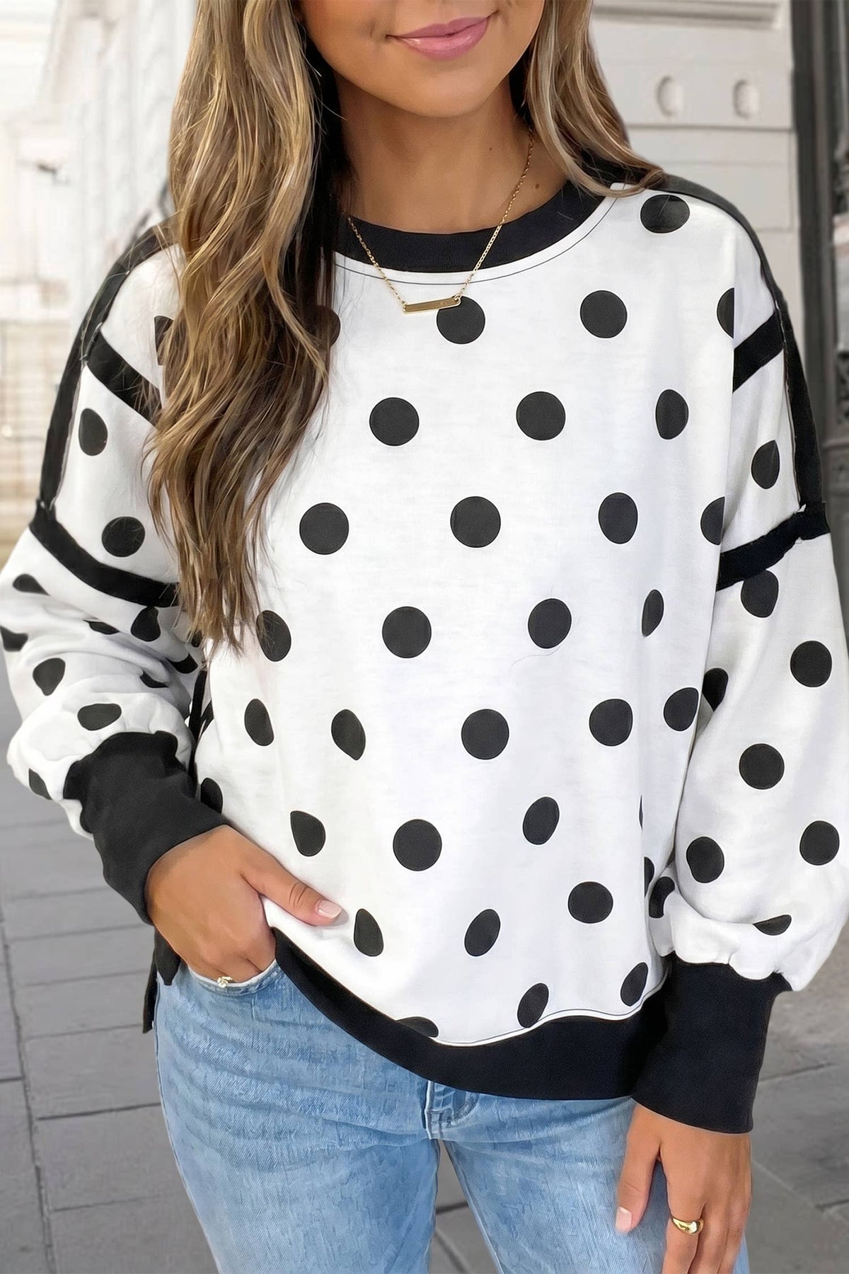 Polka Dot Contrast Trim Long SLeeve Sweatshirt | S-XL