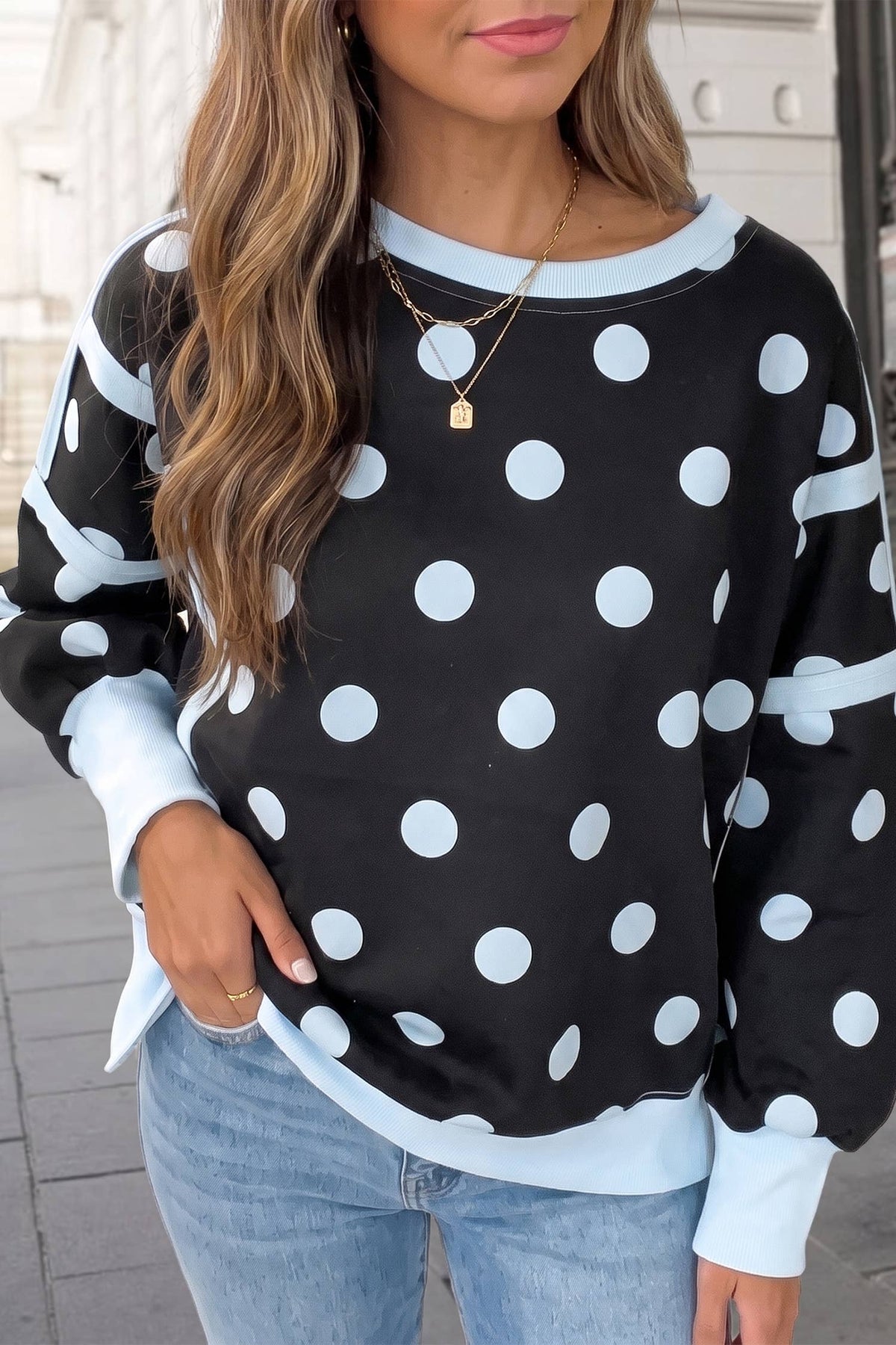 Polka Dot Contrast Trim Long SLeeve Sweatshirt | S-XL