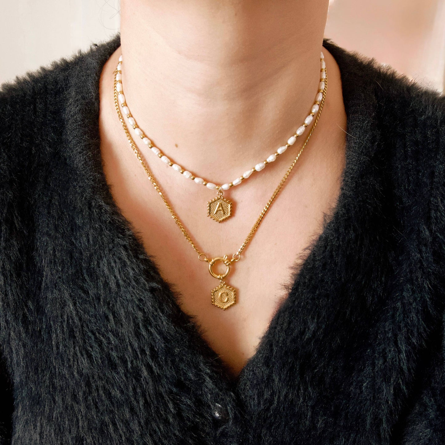 Hexagon Initial Necklace - Stainless Steel & Natural Pearl
