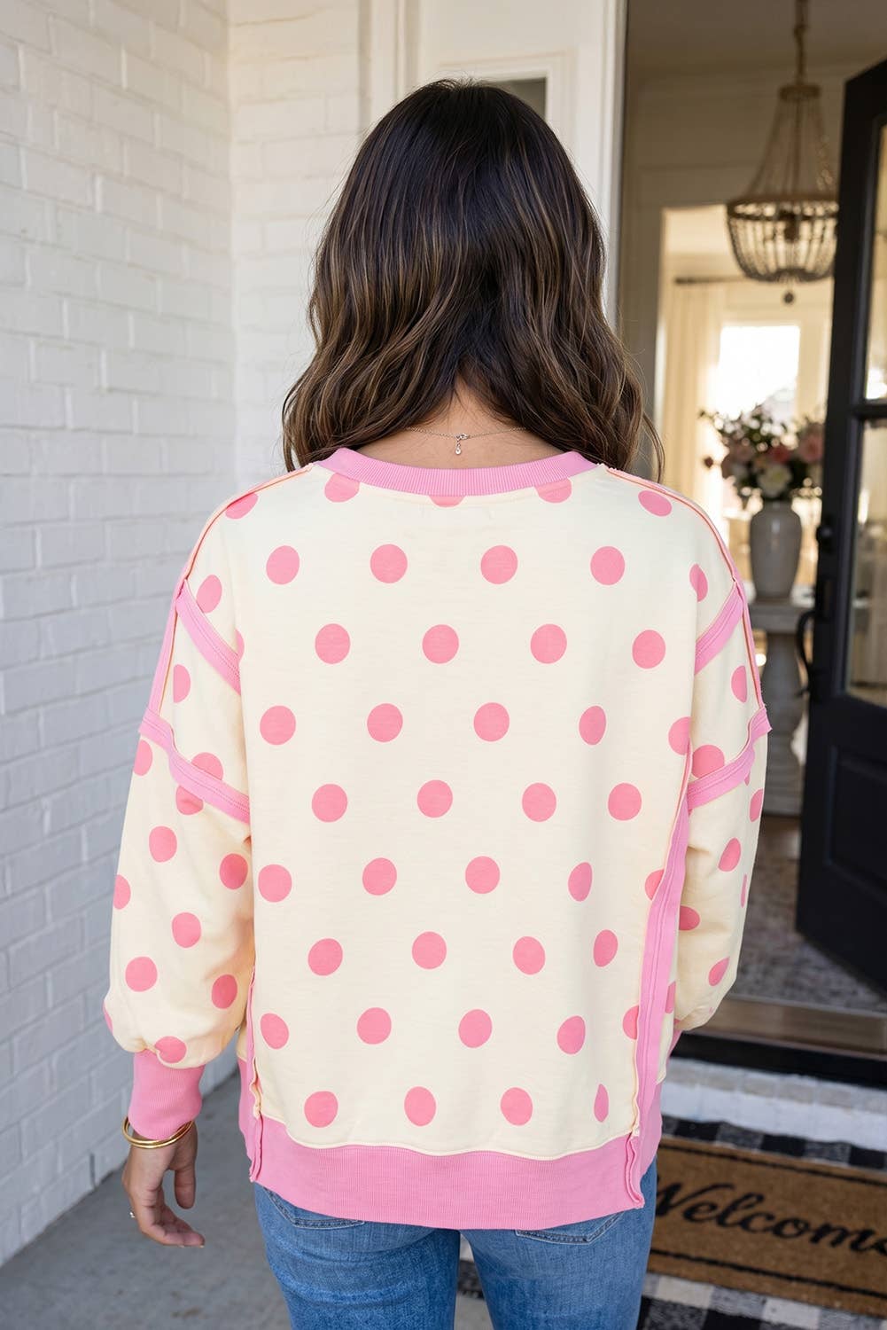 LAS Polka Dot Patchwork Split Hem Casual Sweatshirt (S-XL)