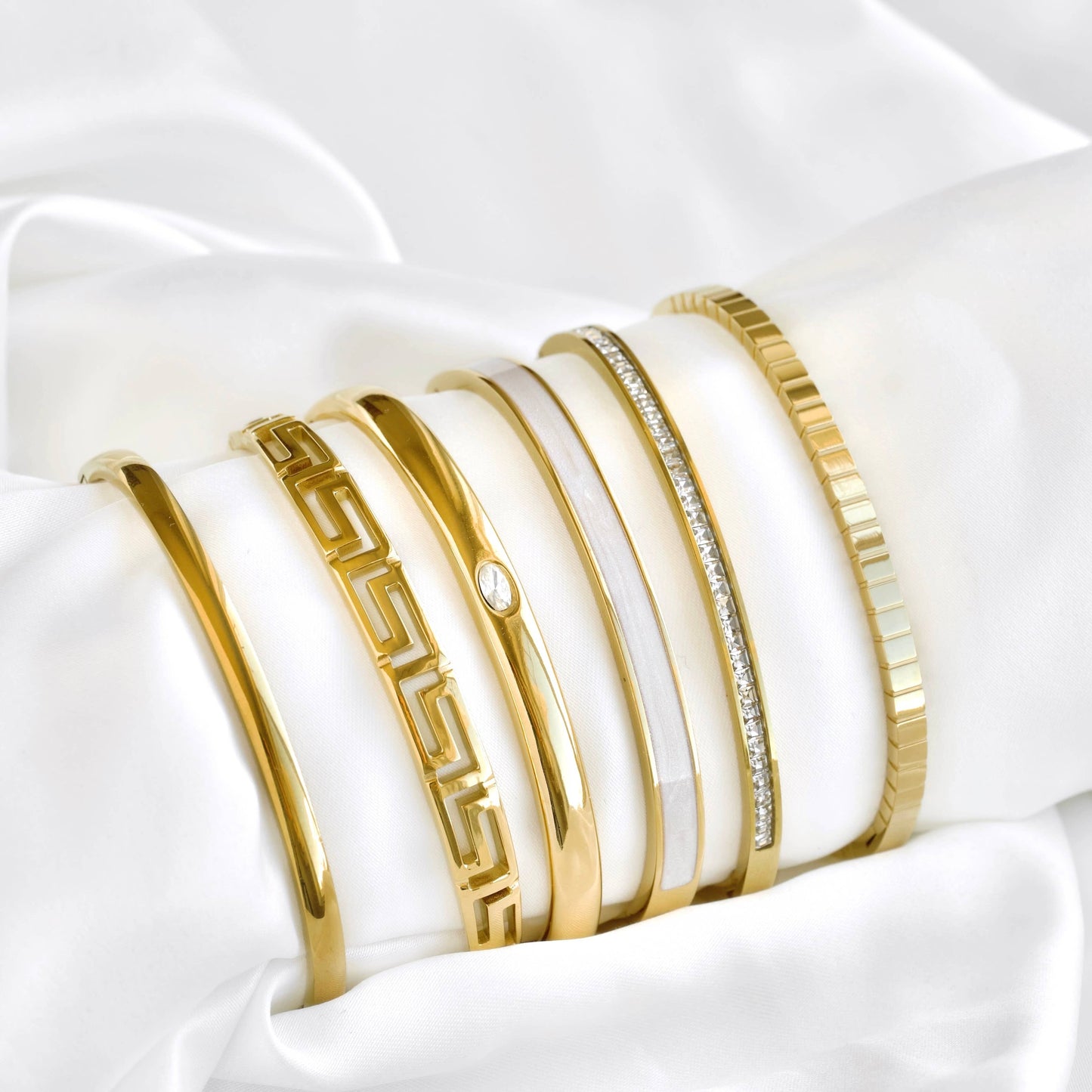 Mixed Motif Gold Hinged Bangle Set - Stainless Steel