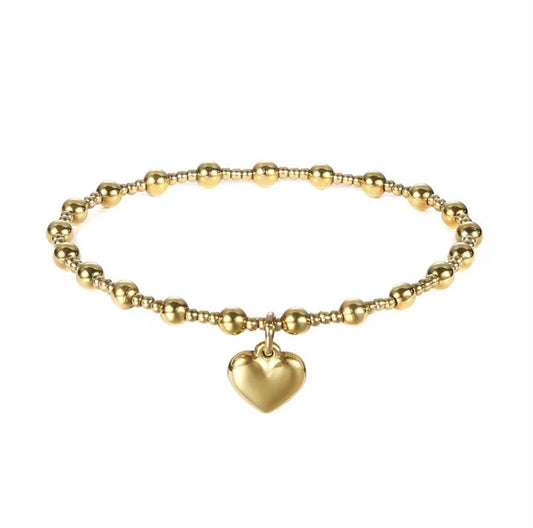 Classic Beaded Puffed Heart Waterproof Non-Tarnish Bracelets