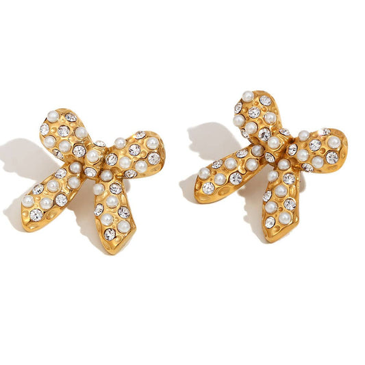 Pearl CZ Bow Earrings Waterproof