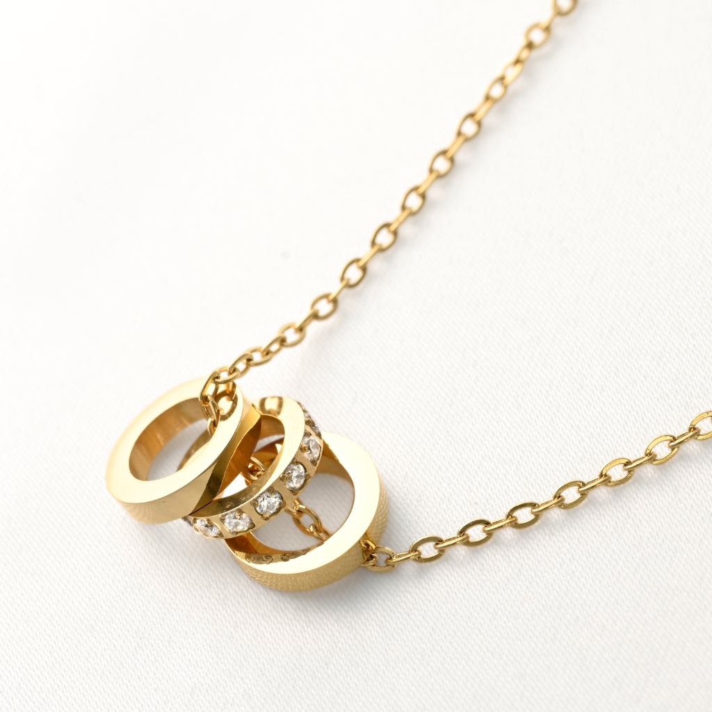 Gold Triple Ring Necklace - Stainless Steel Circle Pendant