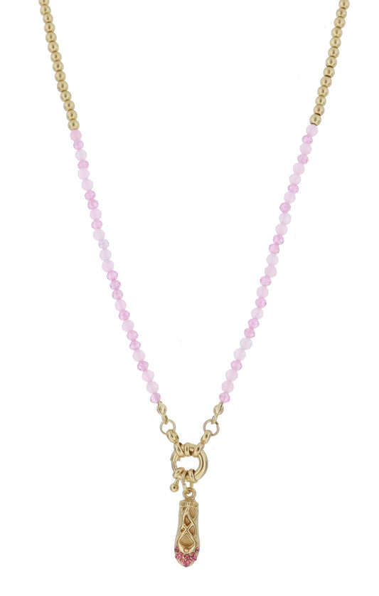 Kids Pink Zircon Bead, Spring Ring & Ballet Slipper Necklace