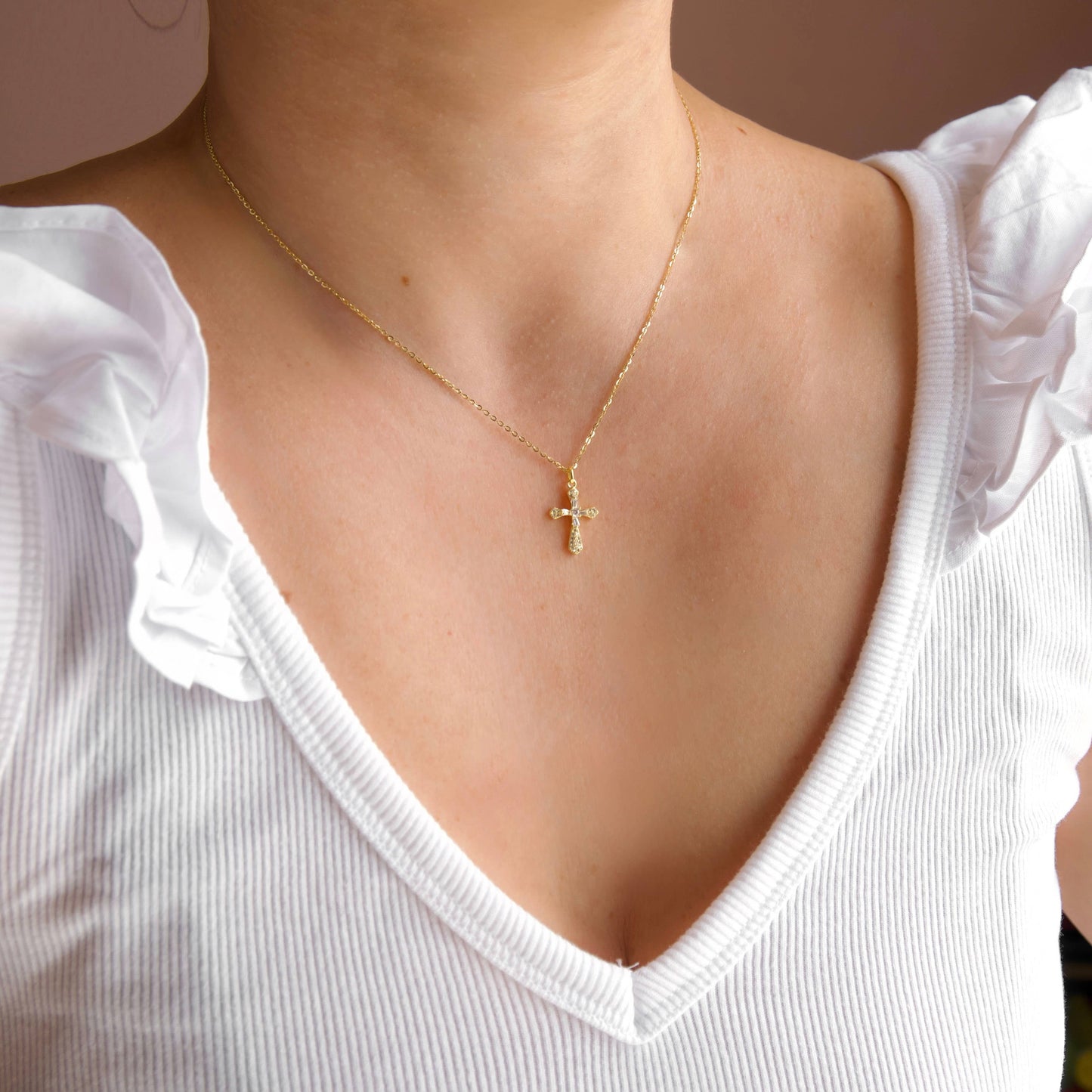 Mixed Cut CZ Ornate Cross Necklace - 925 Sterling Silver