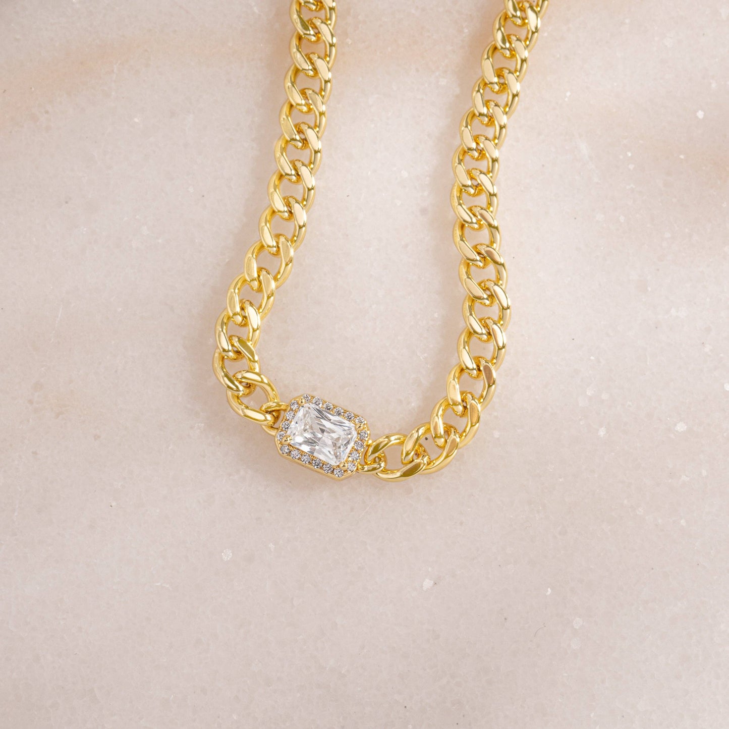 Emerald Cut Halo Pendant Cuban Chain Bracelet