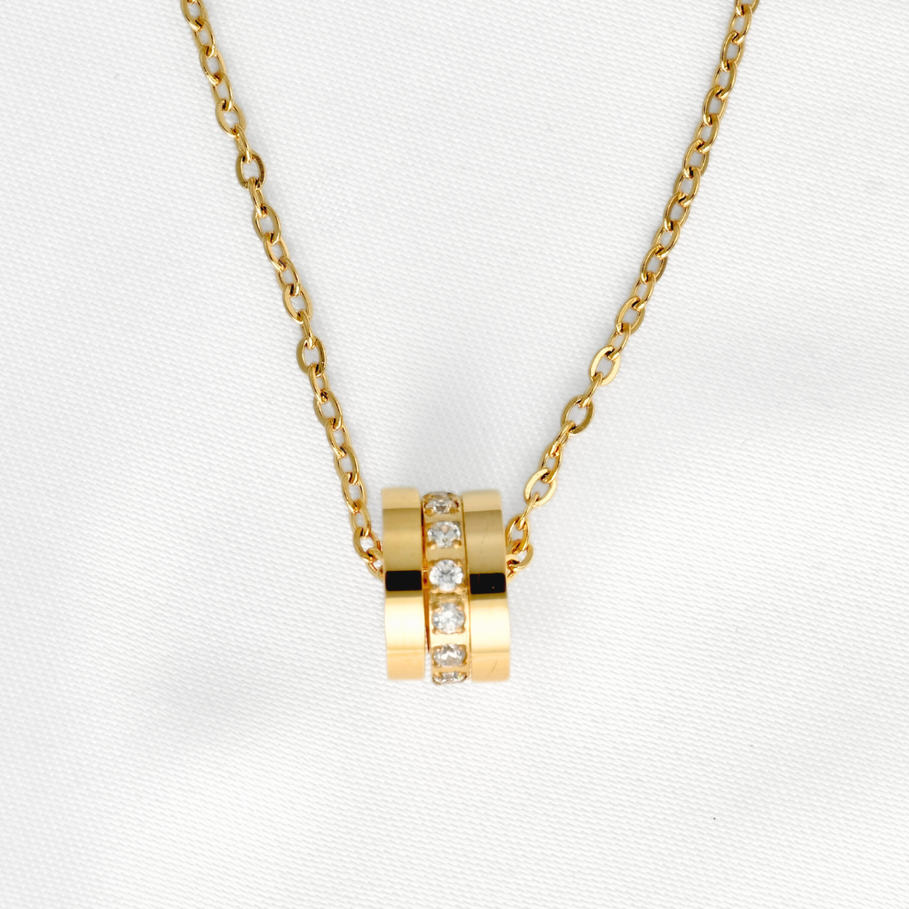 Gold Triple Ring Necklace - Stainless Steel Circle Pendant