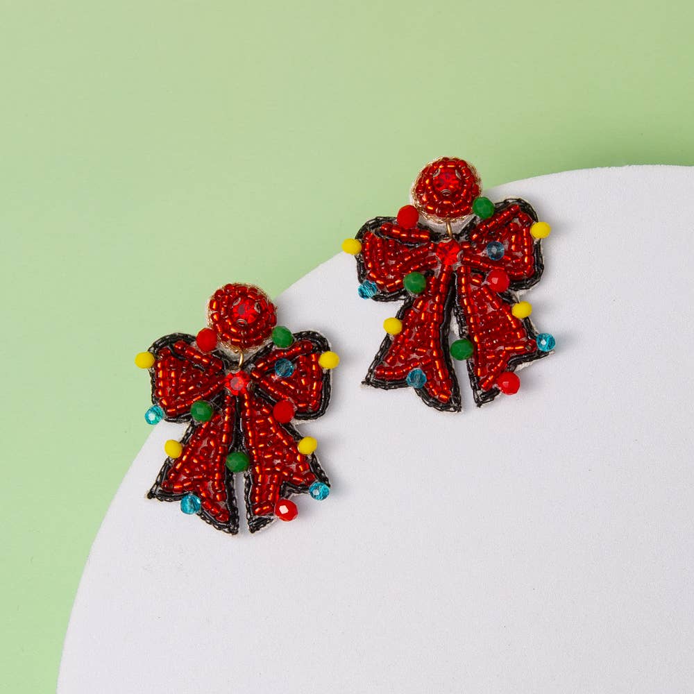 Christmas Lights Bow Seed Beaded Earrings