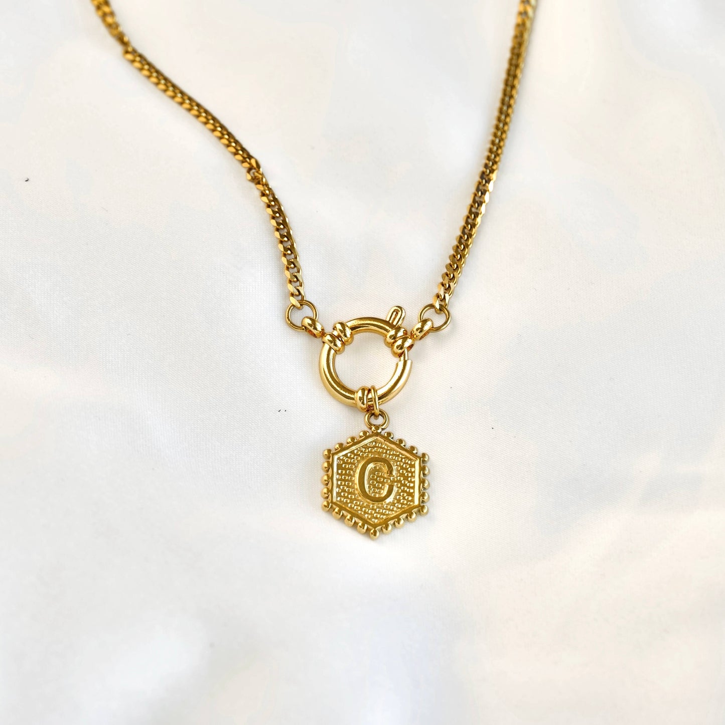 Hexagon Initial Necklace - Stainless Steel & Natural Pearl