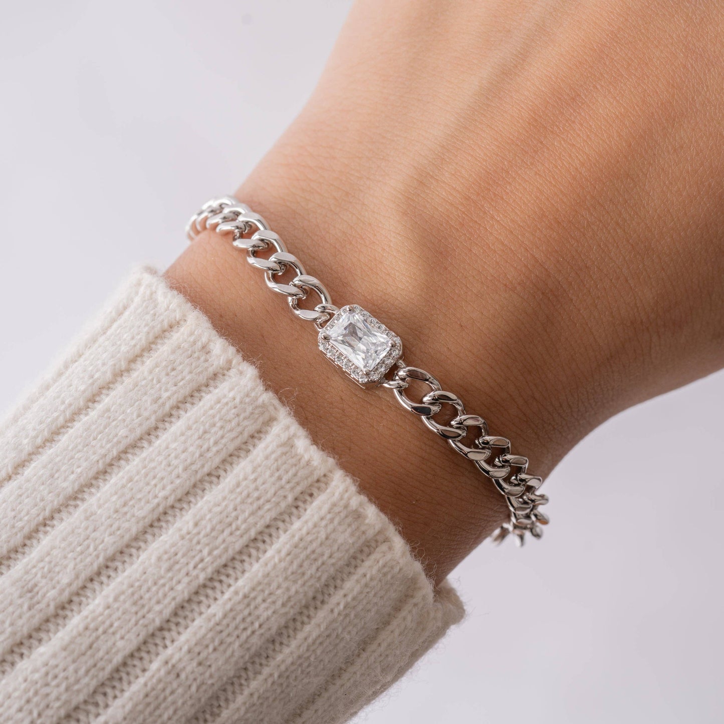 Emerald Cut Halo Pendant Cuban Chain Bracelet