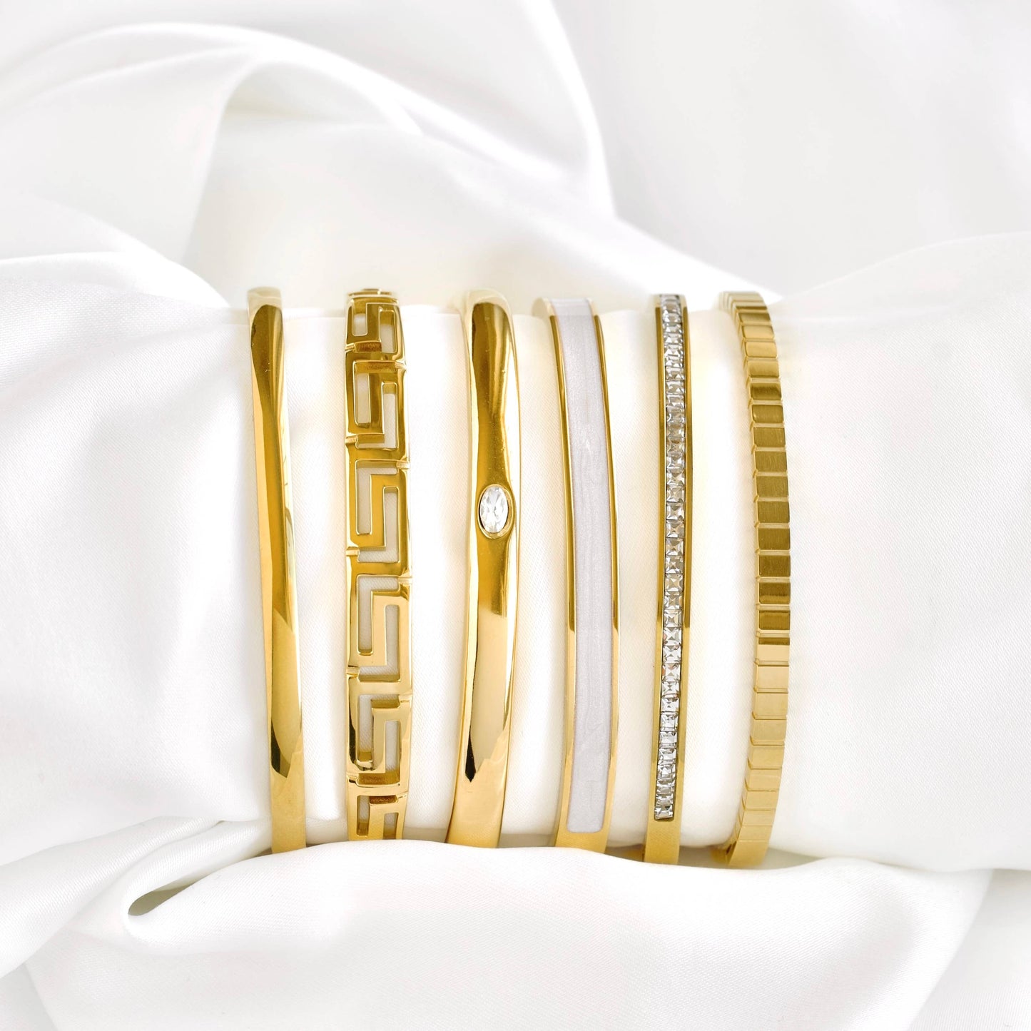 Mixed Motif Gold Hinged Bangle Set - Stainless Steel