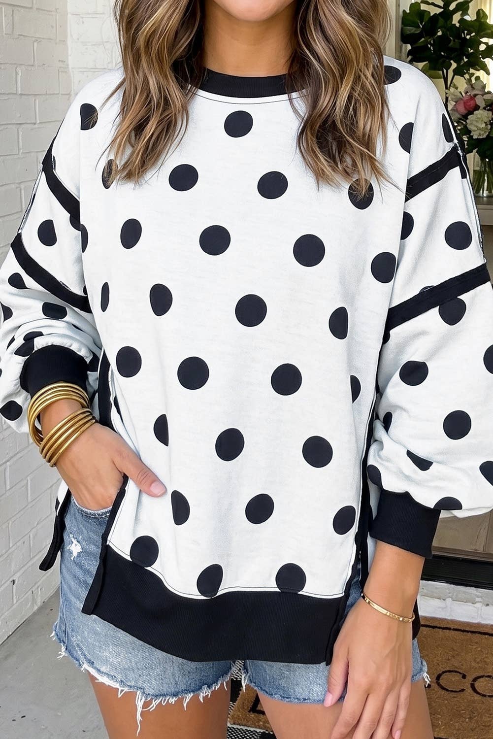 LAS Polka Dot Patchwork Split Hem Casual Sweatshirt (S-XL)