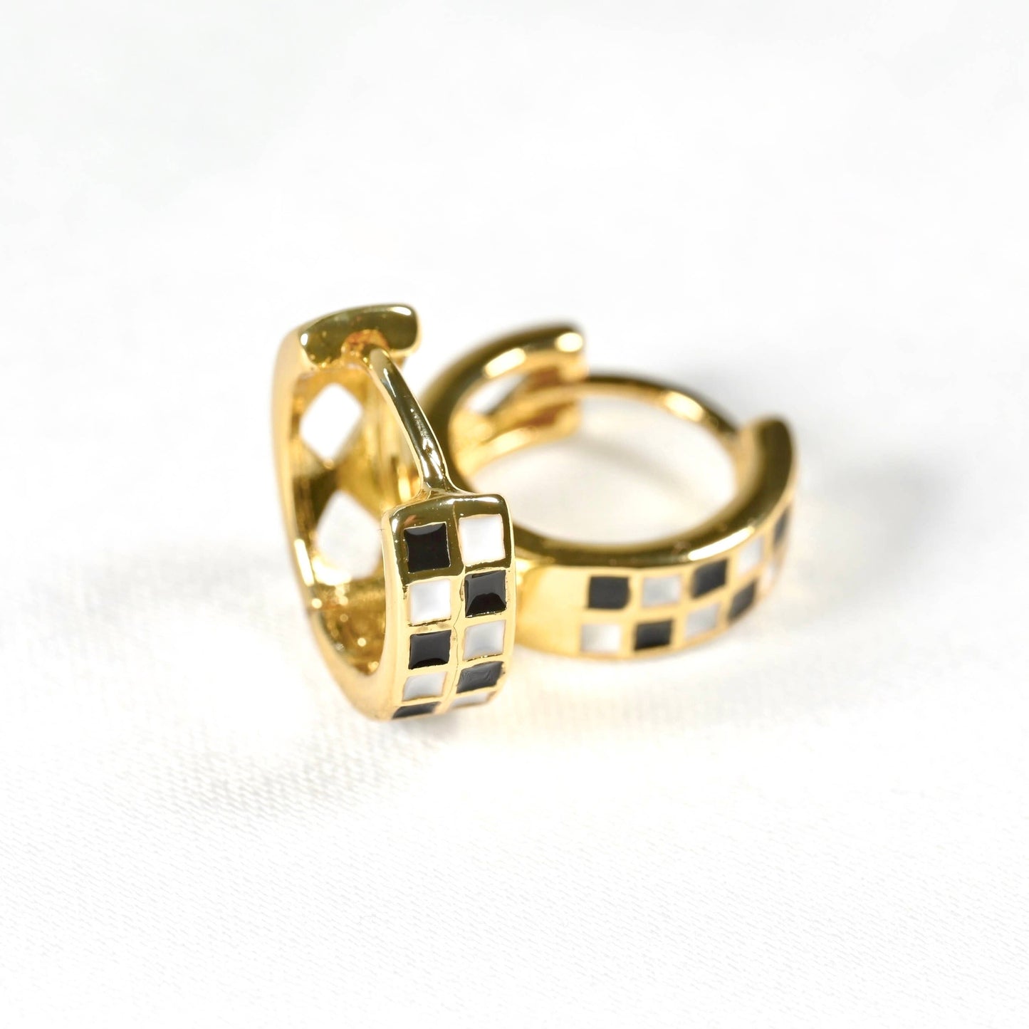 Gold Checker Hoop Earrings - Black & White Tile Hoops