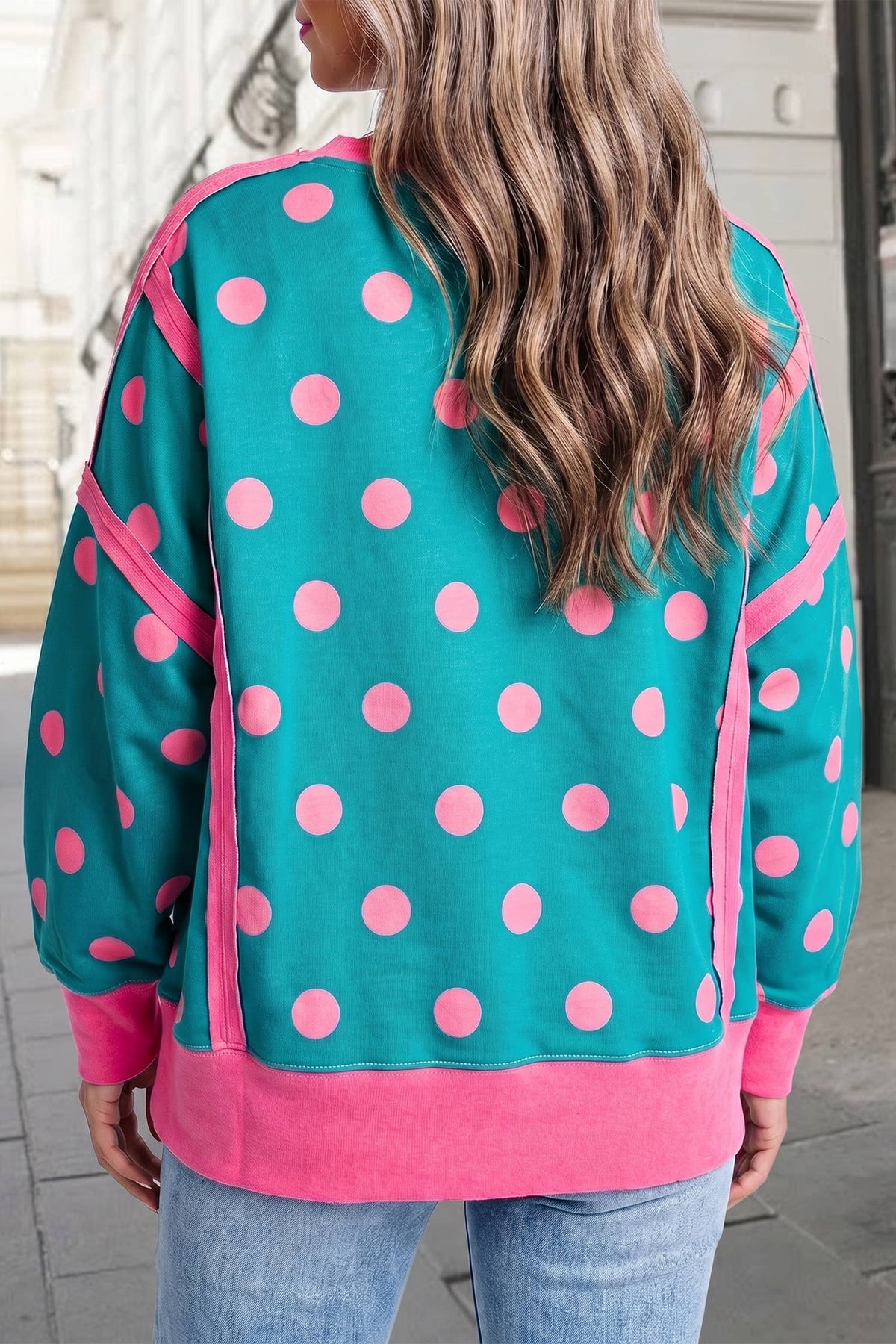 Polka Dot Contrast Trim Long SLeeve Sweatshirt | S-XL