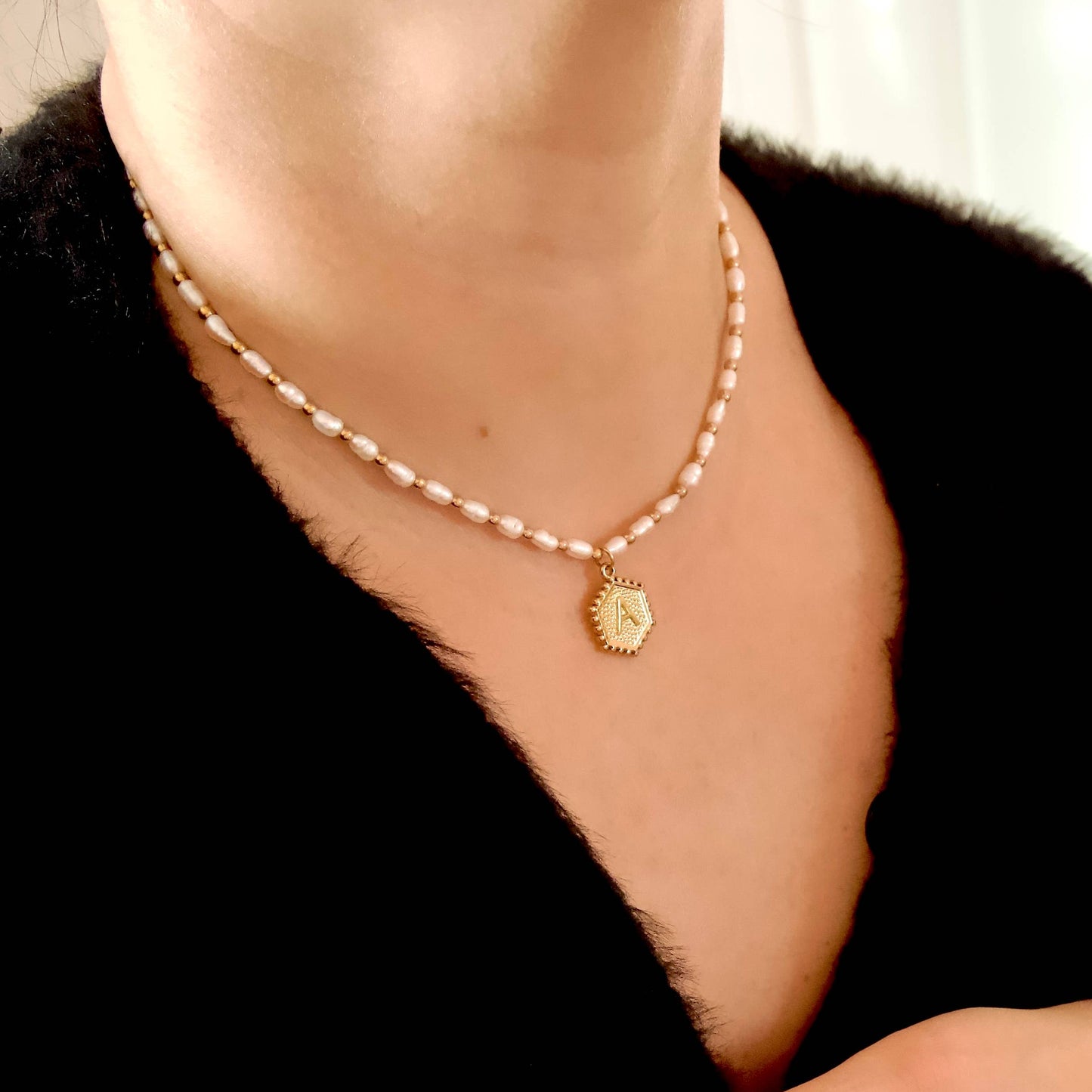Hexagon Initial Necklace - Stainless Steel & Natural Pearl