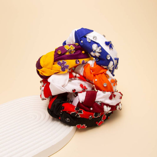 Game Day Bow Crystal Seed Beaded Top Knotted Fabric Headband
