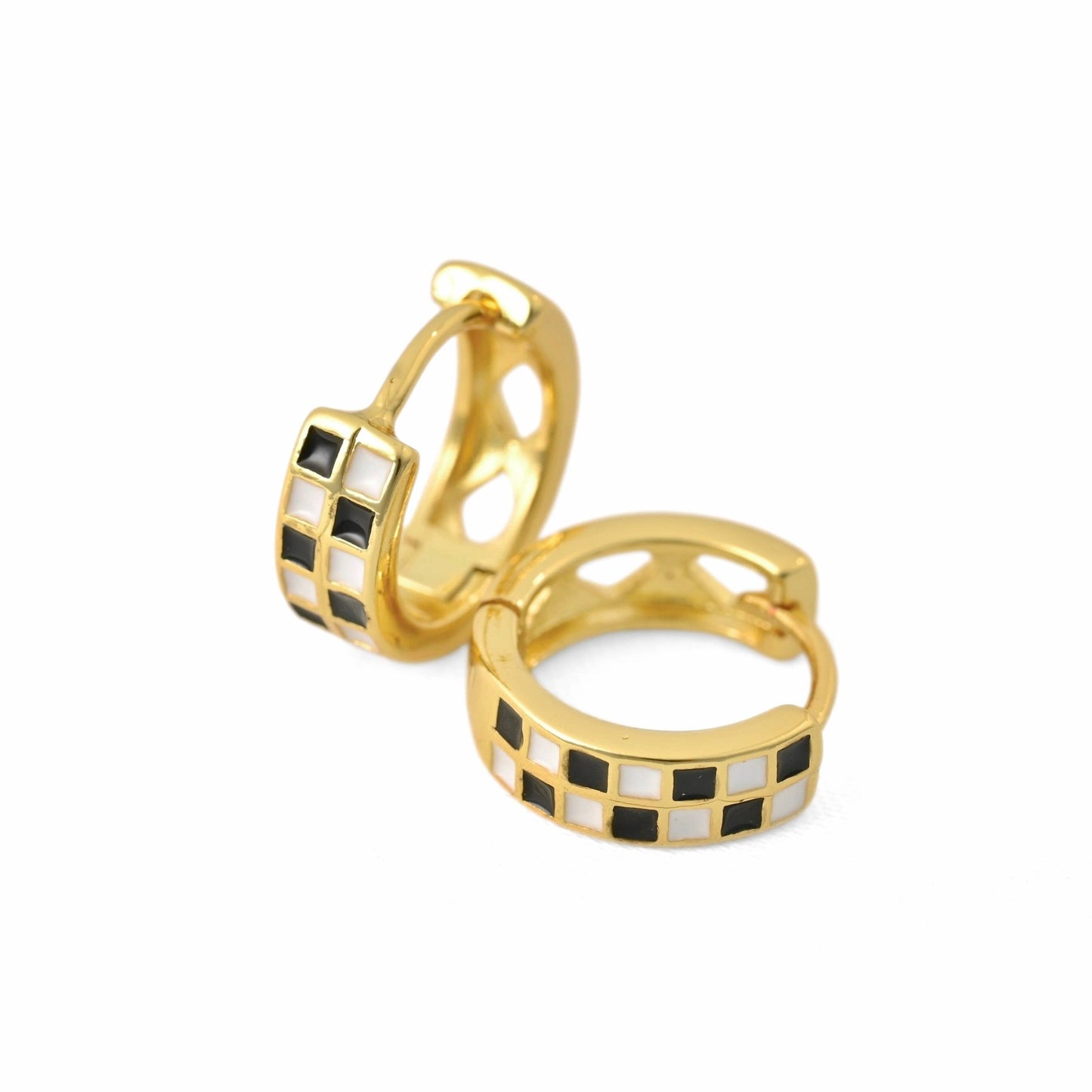 Gold Checker Hoop Earrings - Black & White Tile Hoops