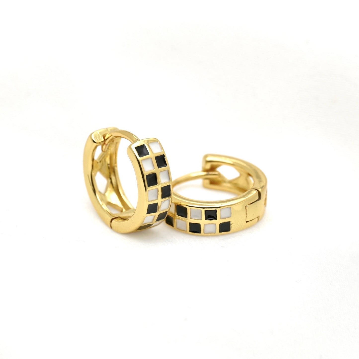 Gold Checker Hoop Earrings - Black & White Tile Hoops