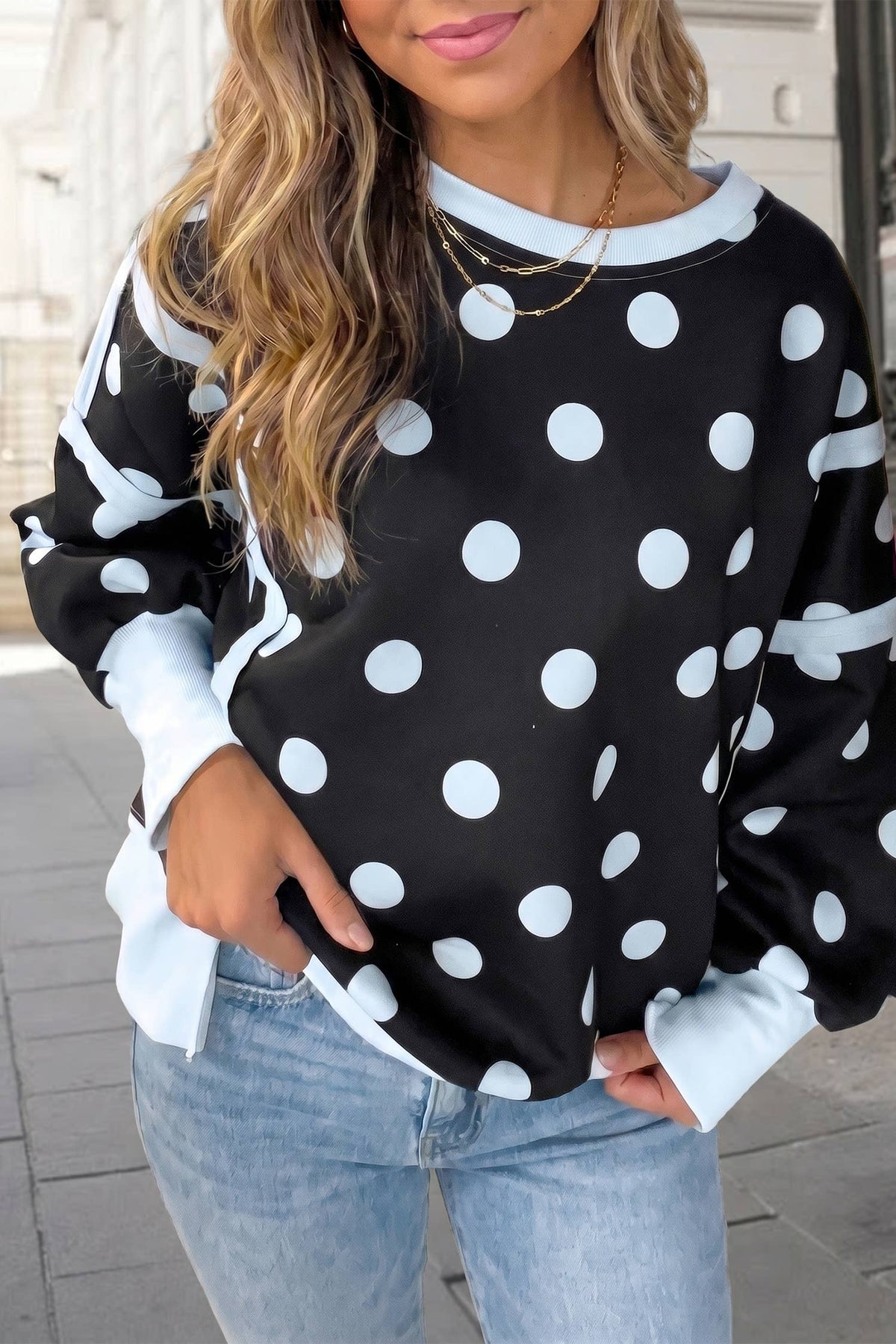 Polka Dot Contrast Trim Long SLeeve Sweatshirt | S-XL
